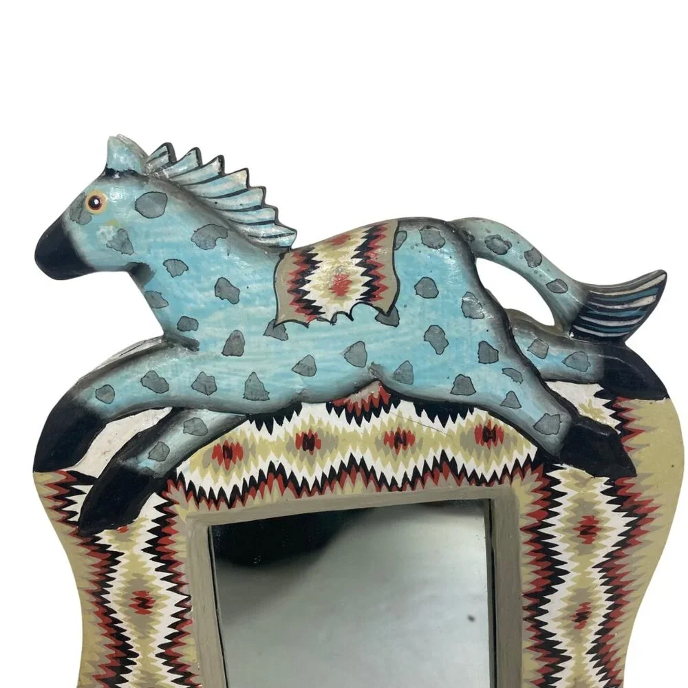 Folk Art Hand Carved Horse Mirror Wood Frame Southwestern Primitive Colorful